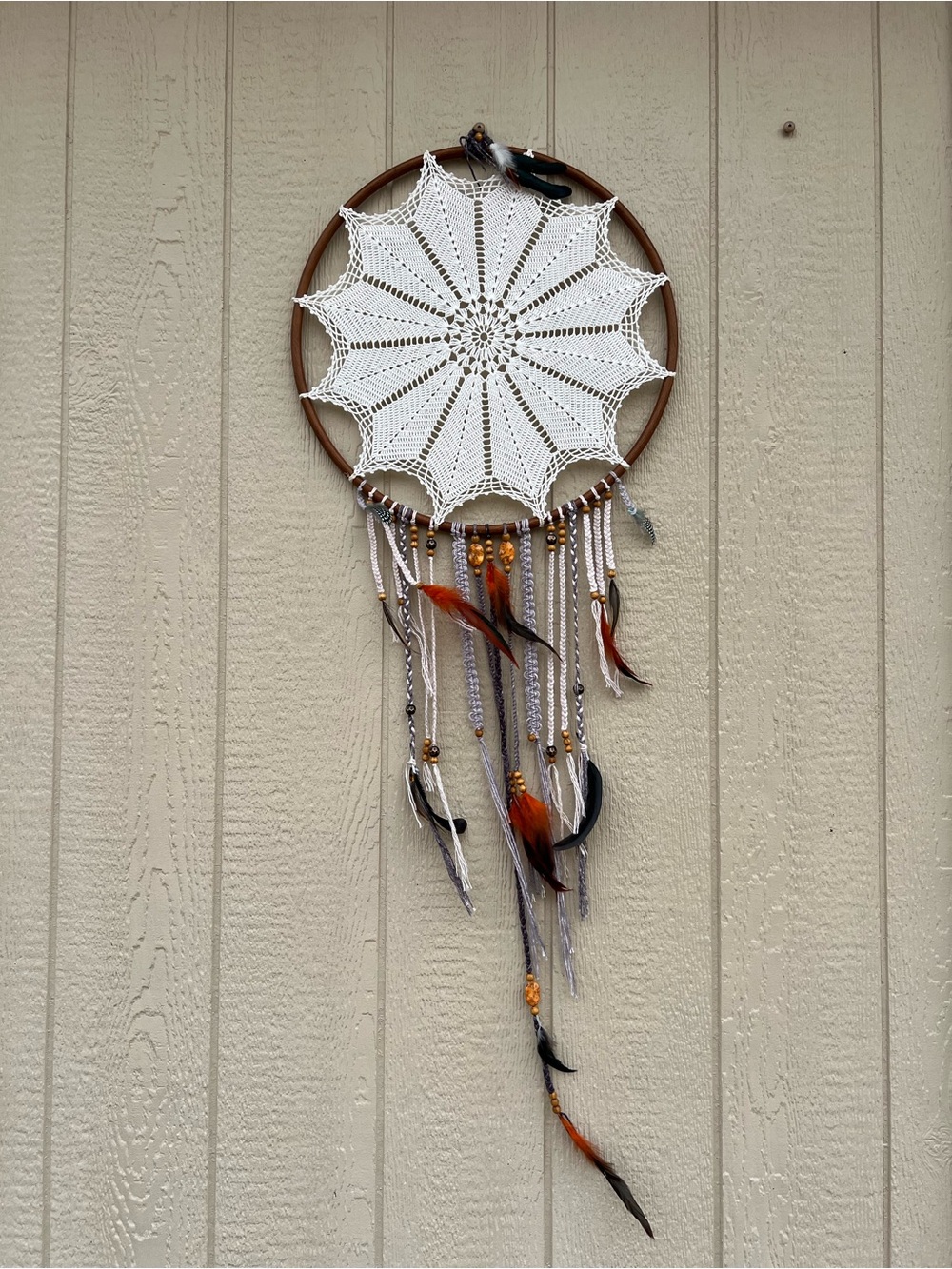 Handmade White Crochet Dreamcatcher Wall Hanging with Brown Hoop Boho Western - Picture 2 of 16